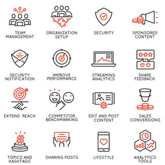 Vector set of linear icons related to influence marketing and social media promotion services. Mono line pictograms and infographics design elements - part 7