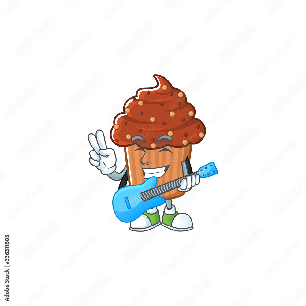 Sticker Happy face of chocolate cupcake cartoon plays music with a guitar