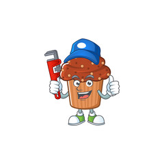Mascot design concept of chocolate cupcake work as smart Plumber