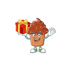 Charming chocolate cupcake mascot design has a red box of gift