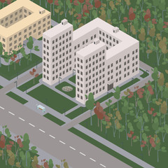 Isometric image of a residential building with a nearby school.