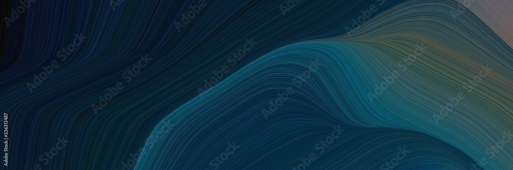 Poster elegant surreal horizontal banner with very dark blue, dim gray and dark slate gray colors. fluid curved lines with dynamic flowing waves and curves