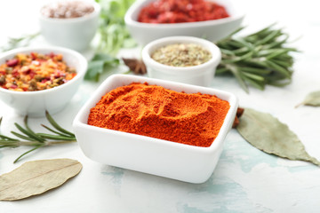 Bowl with dry paprika on white background