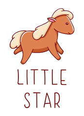 Cute kawaii hand drawn horse doodles, lettering little star , isolated on white background