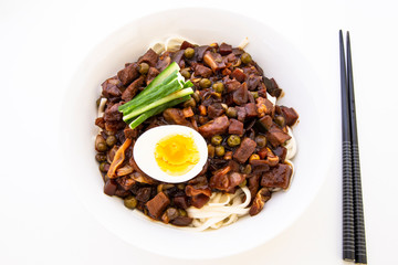 Jajangmyeon, noodle dish topped with black sauce