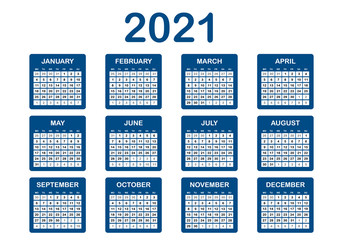 Calendar 2021 yearly. Week starts on Monday. Vector illustration, blue design on white background.