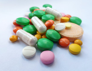 Colorful pills set, medicine background