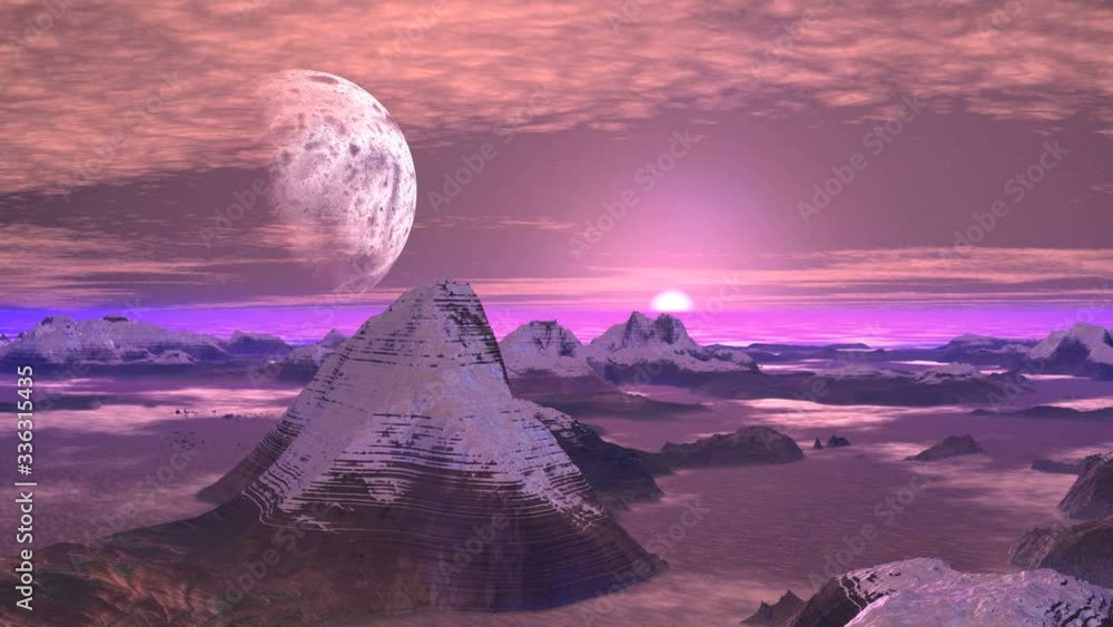 Wall mural snowy mountains alien planet. mountains with snowy peaks stand in the midst of thick fog. in the sta