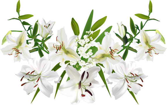 bunch of large white lilies and small flowers