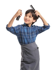 Cute little hairdresser on white background