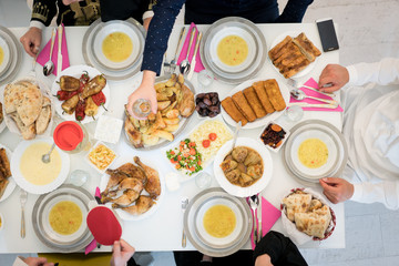 Top view of food table of friends