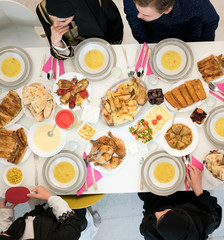 Top view of food table of friends