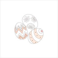 Easter decorated eggs. Doodle eggs painted in different patterns for traditional Easter day spring holiday. Hand drawing icon isolated on white background. Flat vector illustration, editable stroke