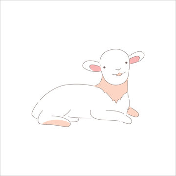 Outline young easter lamb. Traditional holiday baby animal isolated. Hand drawn cartoon sheep lying. Cute spring animal character. Happy easter day design. Editable stroke. Flat vector illustration