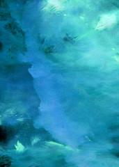 Abstract hand-drawn background, acrylic and watercolor texture. Blue and turquoise color with dots and paint splashes.