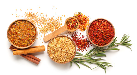 Different spices on white background