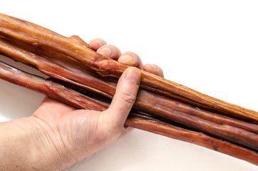 Dried bully sticks for dogs in a hand.