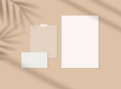 Neutral Mood Board Mock up with Shadows and Blank Papers