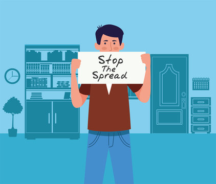 man with stop spread covid19 banner