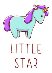 Cute kawaii hand drawn blue unicorn doodles, lettering little star , isolated on white background