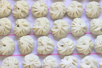 Homemade dumplings in a row.