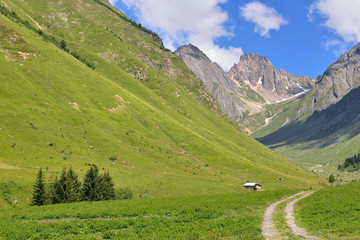 Fototapeta na wymiar view on green meadow covered alpine mountain and footpath crossing the valley to