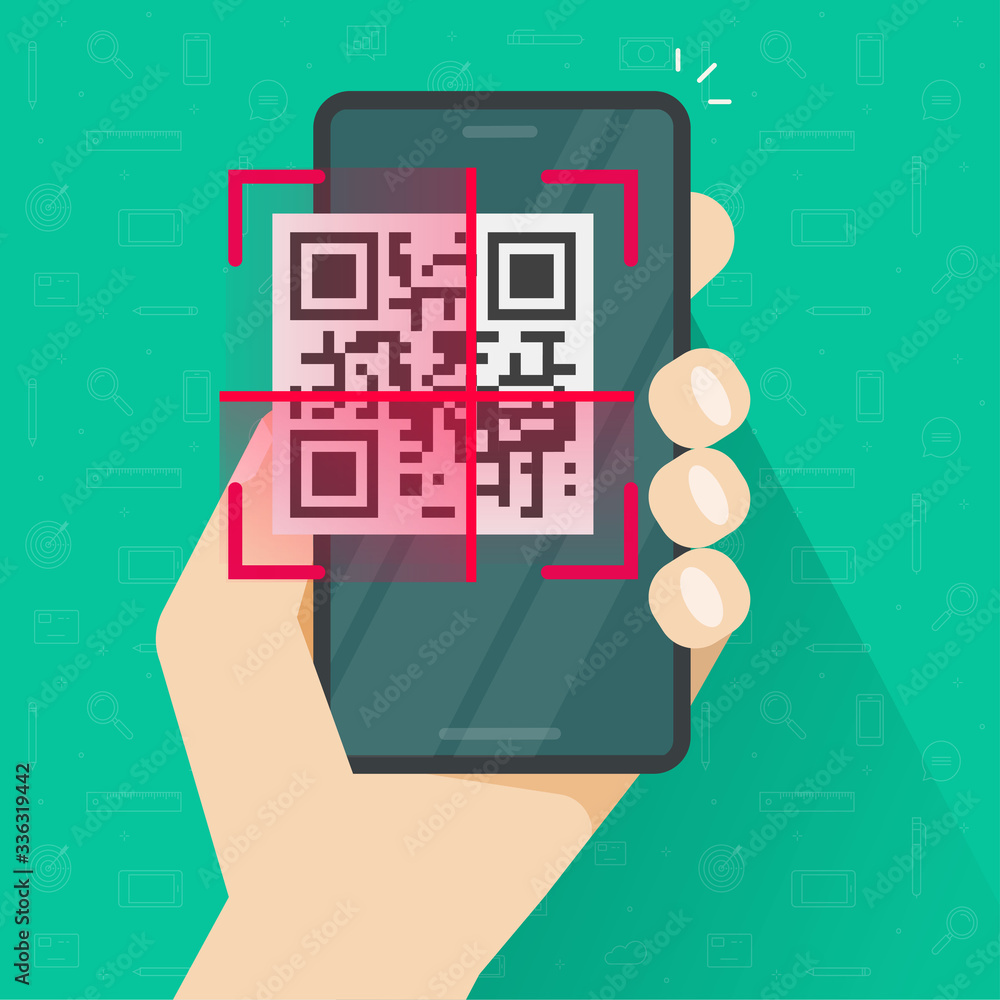 Poster qr code scanning on mobile phone or smartphone screen in person hand vector flat cartoon illustratio