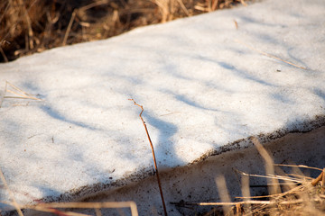 Snowdrift near to dry land on a spring day.