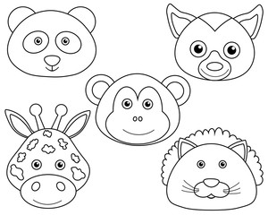 Set coloring book Cute animal face vector children illustration lemur monkey lion panda giraffe