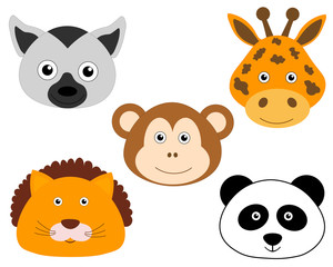 Set Cute Animal Face Vector Children Illustration Lemur Monkey Lion Panda Giraffe