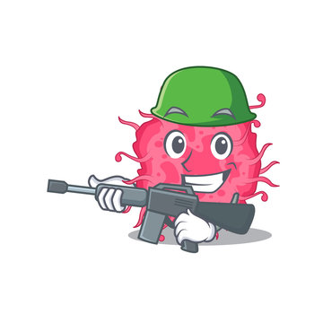 A cartoon picture of pathogenic bacteria in Army style with machine gun