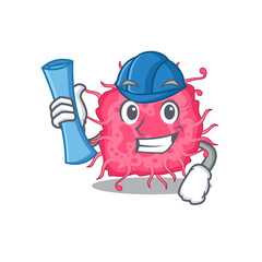 Cartoon character of pathogenic bacteria brainy Architect with blue prints and blue helmet