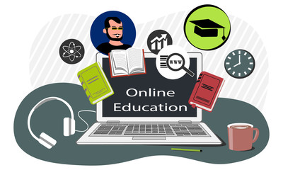 Online education, e-learning courses, remote study, concept, vector illustration.