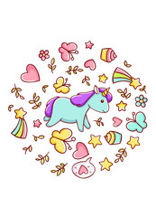 Cute kawaii hand drawn blue unicorn doodles, circle print , isolated on white background