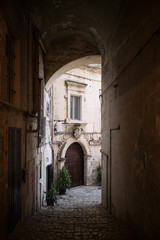 Italian medieval yard of the european city with beautiful exterior house and square