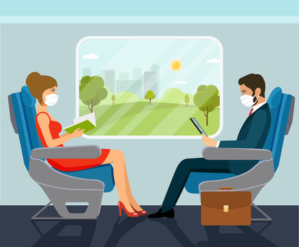 Passenger young beautiful woman and businessman character sitting in chair on the train in a medical mask. Vector flat style illustration.