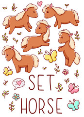 Set cute kawaii hand drawn horse doodles, isolated on white background, clipart