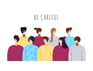 Coronavirus covid-19 concept - women and men in crowd, group of people in medical protective face mask together, flat cartoon characters isolated on white - vector illustration