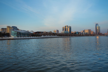 Fototapeta premium Baky skyline view from Baku boulevard the Caspian Sea embankment . Baku is the capital and largest city of Azerbaijan and of the Caucasus region.