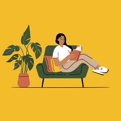 Girl reading a book and resting concept. Woman self isolation in her home 