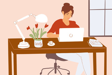 Fototapeta na wymiar Woman working on a laptop at cozy office working place. Concept of remote work from home. Colorful vector illustration in flat cartoon style