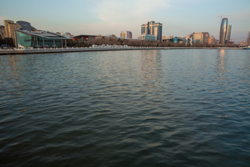 Fototapeta premium Baky skyline view from Baku boulevard the Caspian Sea embankment . Baku is the capital and largest city of Azerbaijan and of the Caucasus region.
