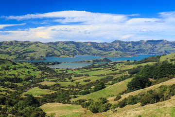 Fototapeta na wymiar Banks Peninsula, New Zealand. A panoramic view of Akaroa Harbour (the town of Akaroa is to the right) from the surrounding hills