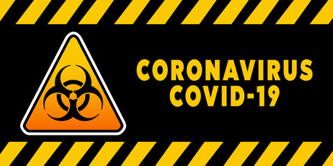 Biohazard Banner Coronavirus Covid-19 on black background. Concept of SARS-CoV-2. Virus Infection. Medical wallpaper. 3D illustration of coronavirus.