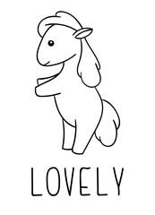 Coloring pages, black and white cute kawaii hand drawn horse doodles, lettering lovely