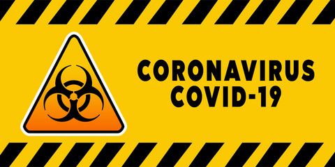 Biohazard Banner Coronavirus Covid-19 on yellow background. Concept of SARS-CoV-2. Virus Infection. Medical wallpaper. 3D illustration of coronavirus.