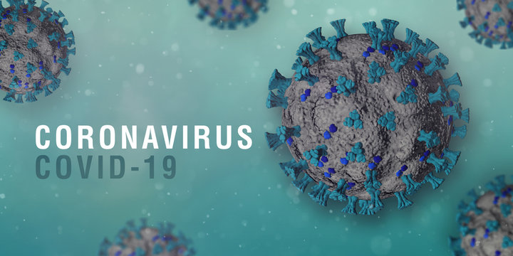 Coronavirus Covid-19 on blue-green background. Concept of SARS-CoV-2. Virus Infection. Medical wallpaper. 3D illustration of coronavirus.
