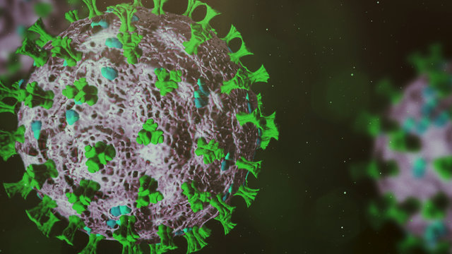 Microscopic view of Coronavirus Covid-19. Green Concept of SARS-CoV-2. Virus Infection. Medical wallpaper. 3D illustration of coronavirus.
