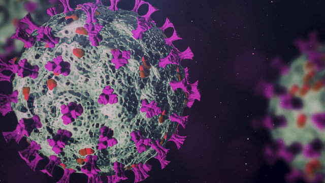 Microscopic view of Coronavirus Covid-19. Purple Concept of SARS-CoV-2. Virus Infection. Medical wallpaper. 3D illustration of coronavirus.