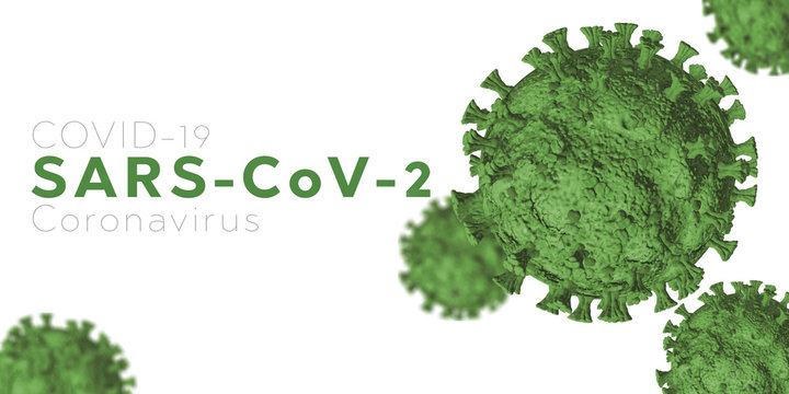 Microscopic view of Coronavirus Covid-19. Green Concept of SARS-CoV-2. Virus Infection. Medical wallpaper. 3D illustration of coronavirus. White background.